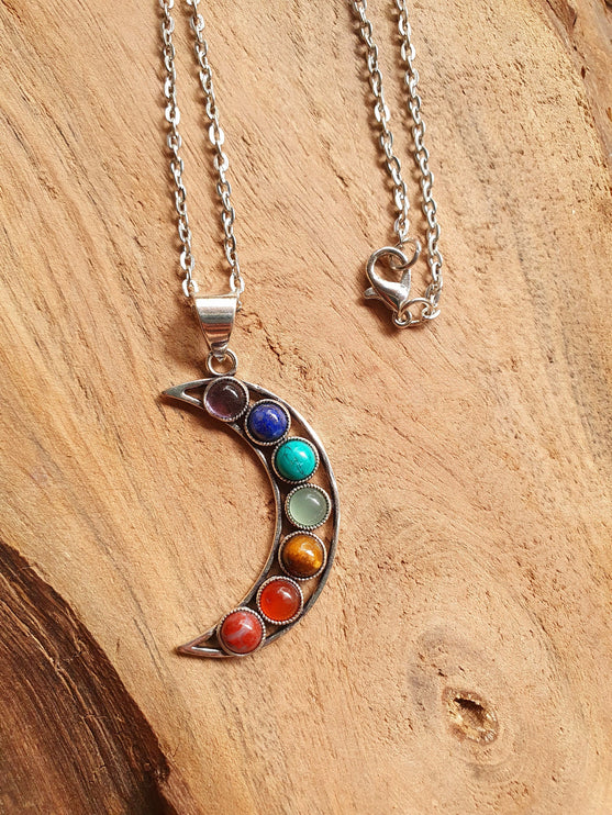 Moon & 7 Chakras Necklace / Hypoallergenic / Silver / Yoga / Reiki / Boho / Hippie / Rustic / Ethnic / Crystals / Third Eye / Illuminati