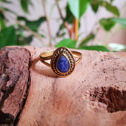 Ethnic style Brass & Lapis Lazuli Ring / Moon / Boho / Bohemian / Psy / Rustic / Tribal / Gypsy / Festival / Healing / Festival