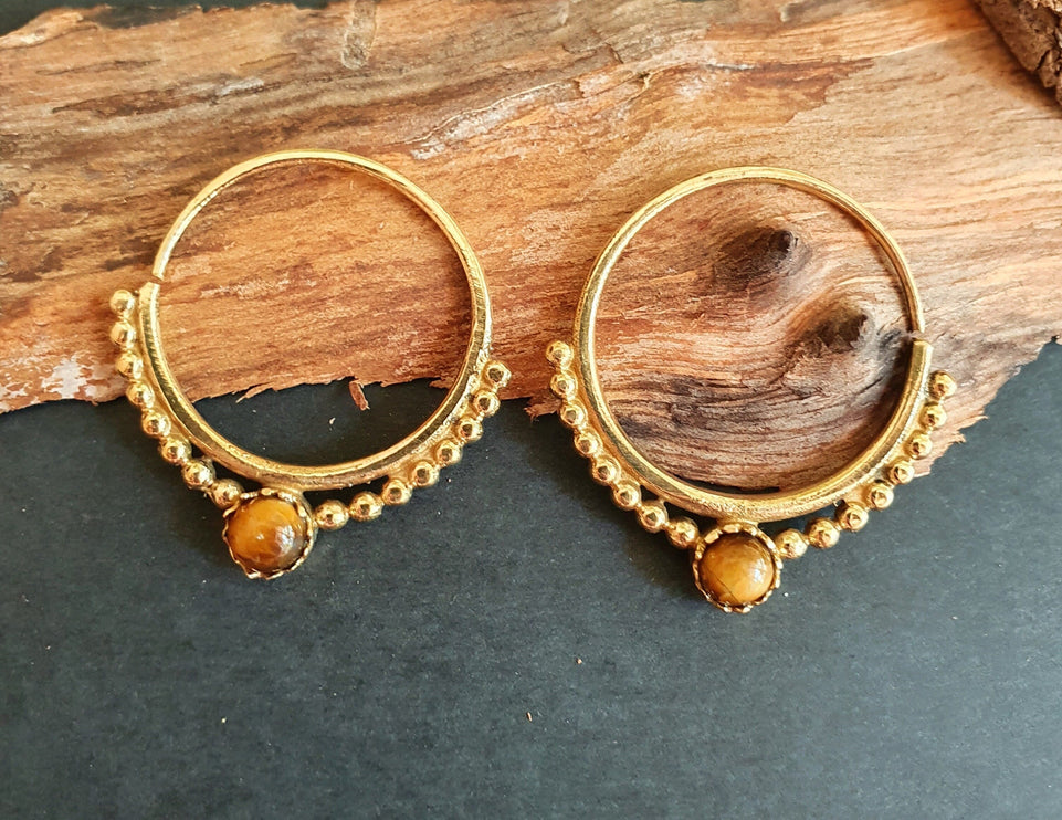 Small Boho Hoops Tiger Eye Brass Earrings / Triangle / Mandala / Ethnic / Rustic / Yoga / Hippie / Gypsy / Psy / Bohemian / Festival