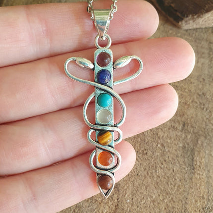 Moon & 7 Chakras Necklace / Hypoallergenic / Silver / Yoga / Reiki / Boho / Hippie / Rustic / Ethnic / Crystals / Third Eye / Illuminati