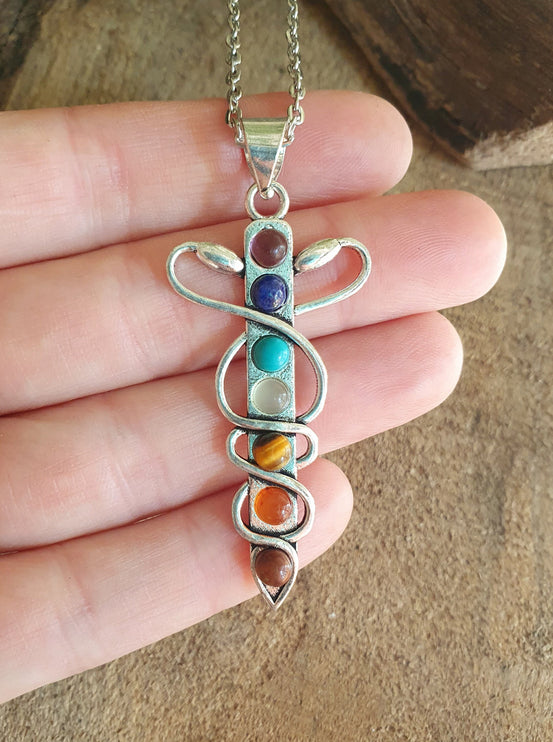 Moon & 7 Chakras Necklace / Hypoallergenic / Silver / Yoga / Reiki / Boho / Hippie / Rustic / Ethnic / Crystals / Third Eye / Illuminati