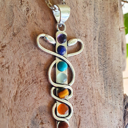 Moon & 7 Chakras Necklace / Hypoallergenic / Silver / Yoga / Reiki / Boho / Hippie / Rustic / Ethnic / Crystals / Third Eye / Illuminati