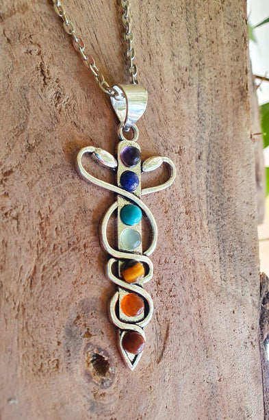 Moon & 7 Chakras Necklace / Hypoallergenic / Silver / Yoga / Reiki / Boho / Hippie / Rustic / Ethnic / Crystals / Third Eye / Illuminati