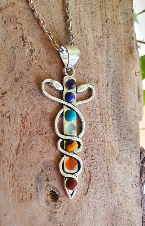 Moon & 7 Chakras Necklace / Hypoallergenic / Silver / Yoga / Reiki / Boho / Hippie / Rustic / Ethnic / Crystals / Third Eye / Illuminati