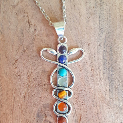 Moon & 7 Chakras Necklace / Hypoallergenic / Silver / Yoga / Reiki / Boho / Hippie / Rustic / Ethnic / Crystals / Third Eye / Illuminati