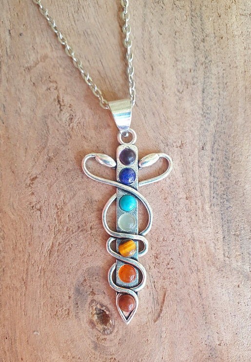 Moon & 7 Chakras Necklace / Hypoallergenic / Silver / Yoga / Reiki / Boho / Hippie / Rustic / Ethnic / Crystals / Third Eye / Illuminati