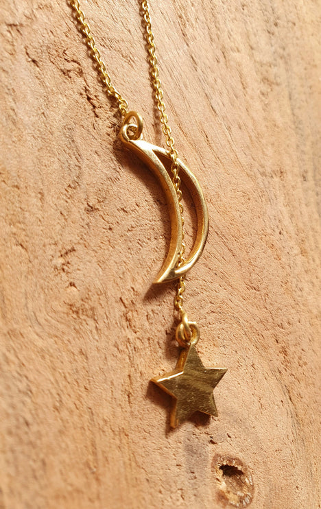 Lariat Necklace in Brass with Moon & Star Design / Minimalist / Contemporary / Boho / Modern / Chic / Pretty / Chain / Nature