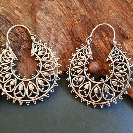 Boho Mandala Flower Silver Hoop Earrings; Ethnic, Geometric, Rustic, Yoga, Hippie, Gypsy, Pretty, Ssy, Boho, Bohemian, Festival