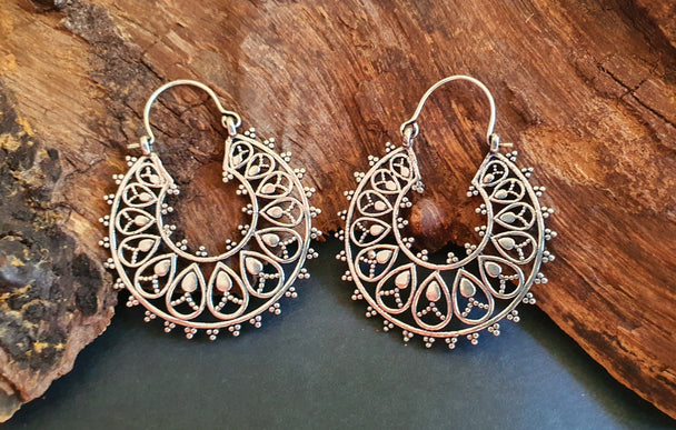 Boho Mandala Flower Silver Hoop Earrings; Ethnic, Geometric, Rustic, Yoga, Hippie, Gypsy, Pretty, Ssy, Boho, Bohemian, Festival