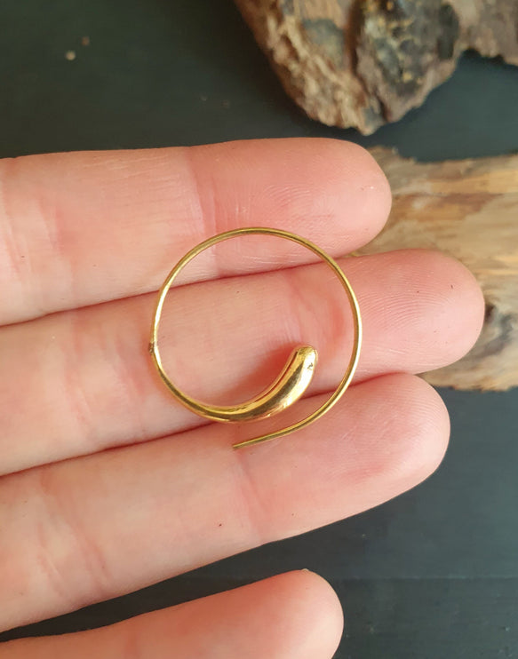 Minimalist Golden Spiral Hoop Earrings; Ethnic, Geometric, Small, Rustic, Yoga, Hippie, Gypsy, Pretty, Ssy, Boho, Bohemian, Festival