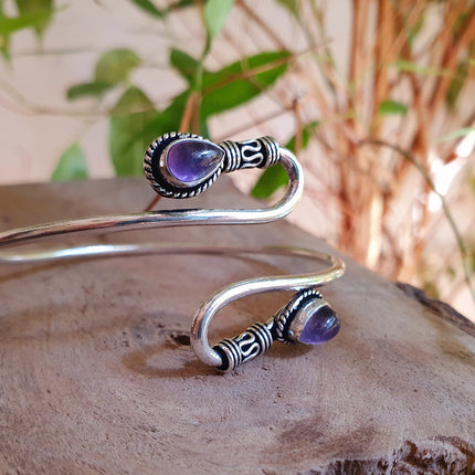 Amethyst Silver Spiral Boho Bracelet / Bangle / Arm Bracelet / Ethnic / Rustic / Bohemian / Hippie / Gypsy / Psy / Adjustable