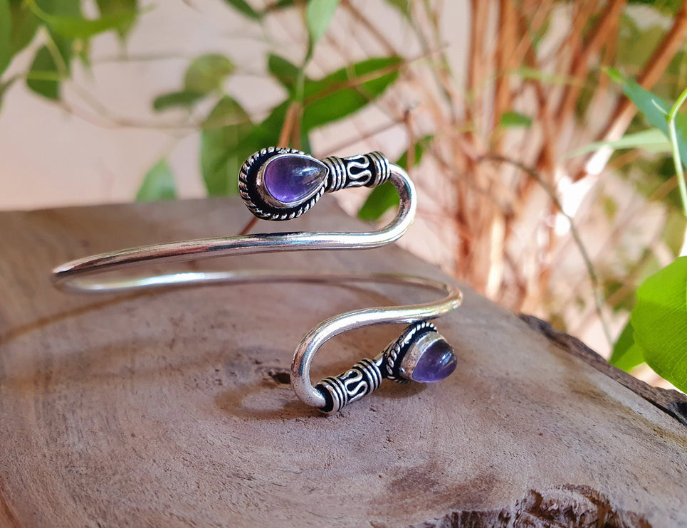 Amethyst Silver Spiral Boho Bracelet / Bangle / Arm Bracelet / Ethnic / Rustic / Bohemian / Hippie / Gypsy / Psy / Adjustable