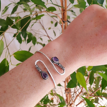 Amethyst Silver Spiral Boho Bracelet / Bangle / Arm Bracelet / Ethnic / Rustic / Bohemian / Hippie / Gypsy / Psy / Adjustable