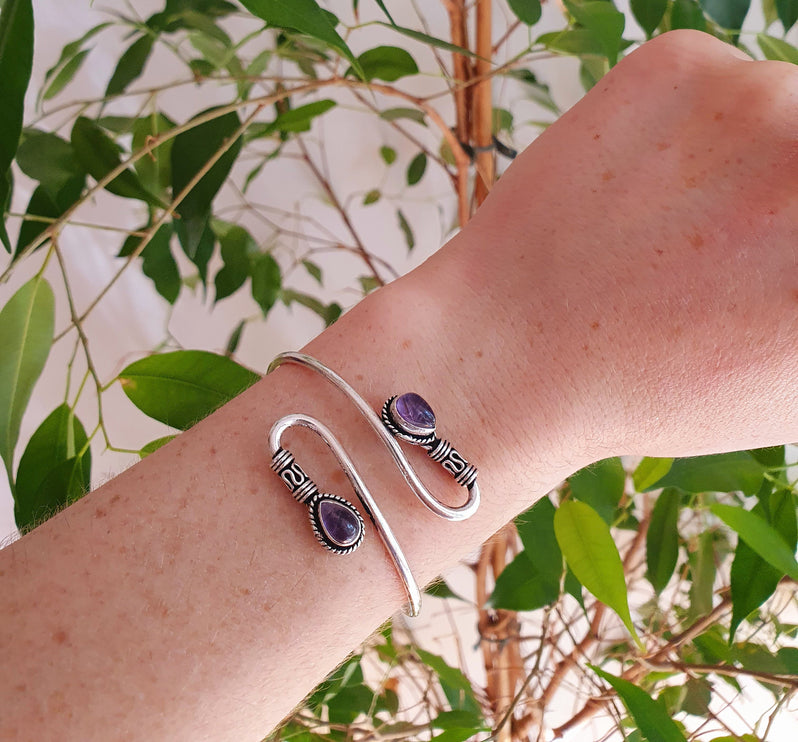 Amethyst Silver Spiral Boho Bracelet / Bangle / Arm Bracelet / Ethnic / Rustic / Bohemian / Hippie / Gypsy / Psy / Adjustable