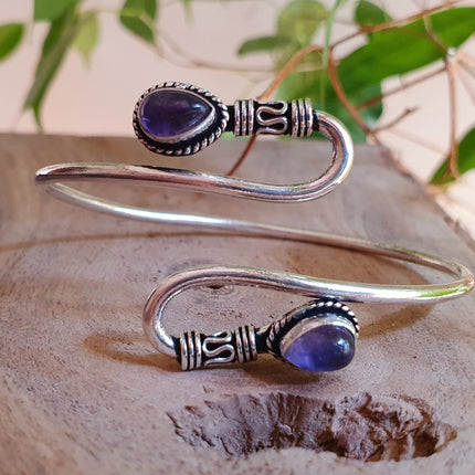 Amethyst Silver Spiral Boho Bracelet / Bangle / Arm Bracelet / Ethnic / Rustic / Bohemian / Hippie / Gypsy / Psy / Adjustable