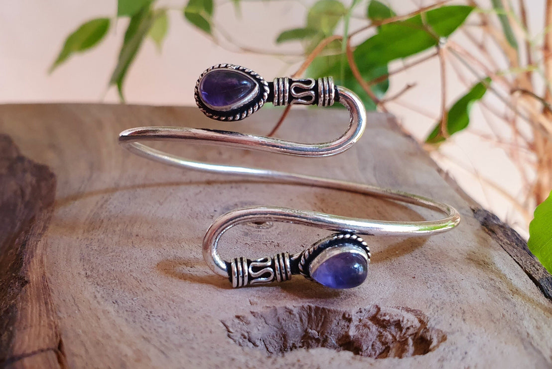 Amethyst Silver Spiral Boho Bracelet / Bangle / Arm Bracelet / Ethnic / Rustic / Bohemian / Hippie / Gypsy / Psy / Adjustable