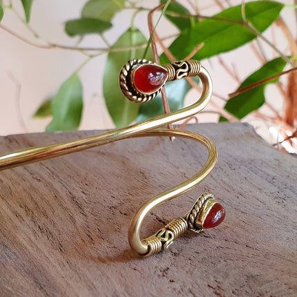 Spiral Boho Bracelet / Cornelian / Brass / Arm Bracelet / Red Stone /Ethnic / Rustic / Bohemian / Hippie / Gypsy / Adjustable