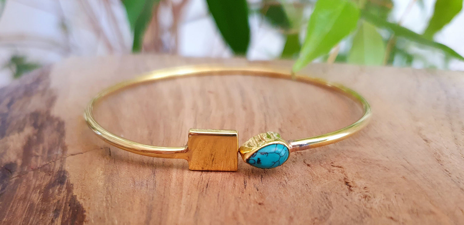 Contemporary Turquoise Golden Bracelet / Bangle / Brass / Minimalist / Ethnic / Rustic / Bohemian / Hippie / Gypsy / Psy / Body / Adjustable