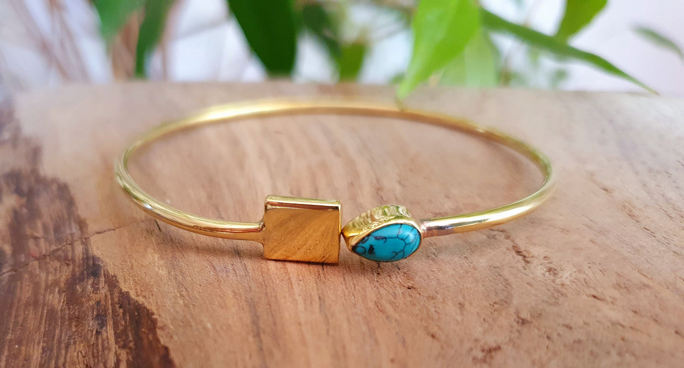 Contemporary Turquoise Golden Bracelet / Bangle / Brass / Minimalist / Ethnic / Rustic / Bohemian / Hippie / Gypsy / Psy / Body / Adjustable