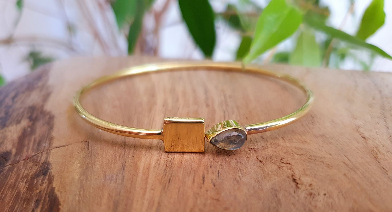 Contemporary Labradorite Golden Bracelet / Bangle / Brass / Minimalist / Ethnic / Rustic / Bohemian / Hippie / Gypsy / Body / Adjustable