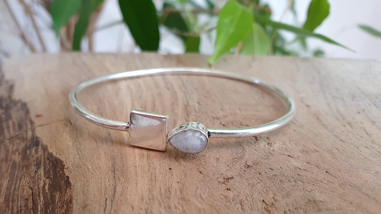 Contemporary Moonstone Silver Bracelet / Bangle / Brass / Minimalist / Ethnic / Rustic / Bohemian / Hippie / Gypsy / Psy / Body / Adjustable