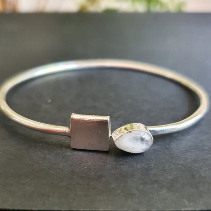 Contemporary Moonstone Silver Bracelet / Bangle / Brass / Minimalist / Ethnic / Rustic / Bohemian / Hippie / Gypsy / Psy / Body / Adjustable