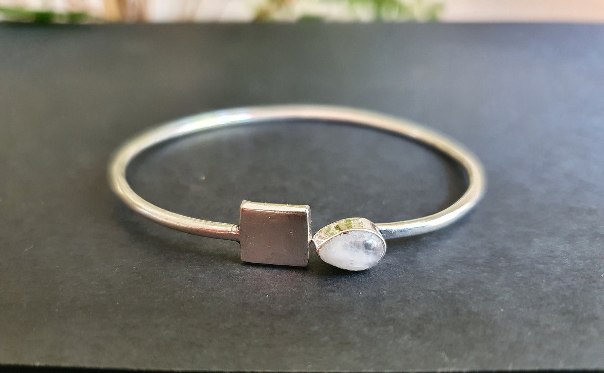 Contemporary Moonstone Silver Bracelet / Bangle / Brass / Minimalist / Ethnic / Rustic / Bohemian / Hippie / Gypsy / Psy / Body / Adjustable