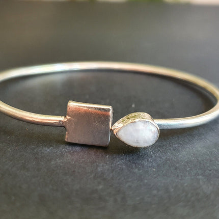 Contemporary Moonstone Silver Bracelet / Bangle / Brass / Minimalist / Ethnic / Rustic / Bohemian / Hippie / Gypsy / Psy / Body / Adjustable