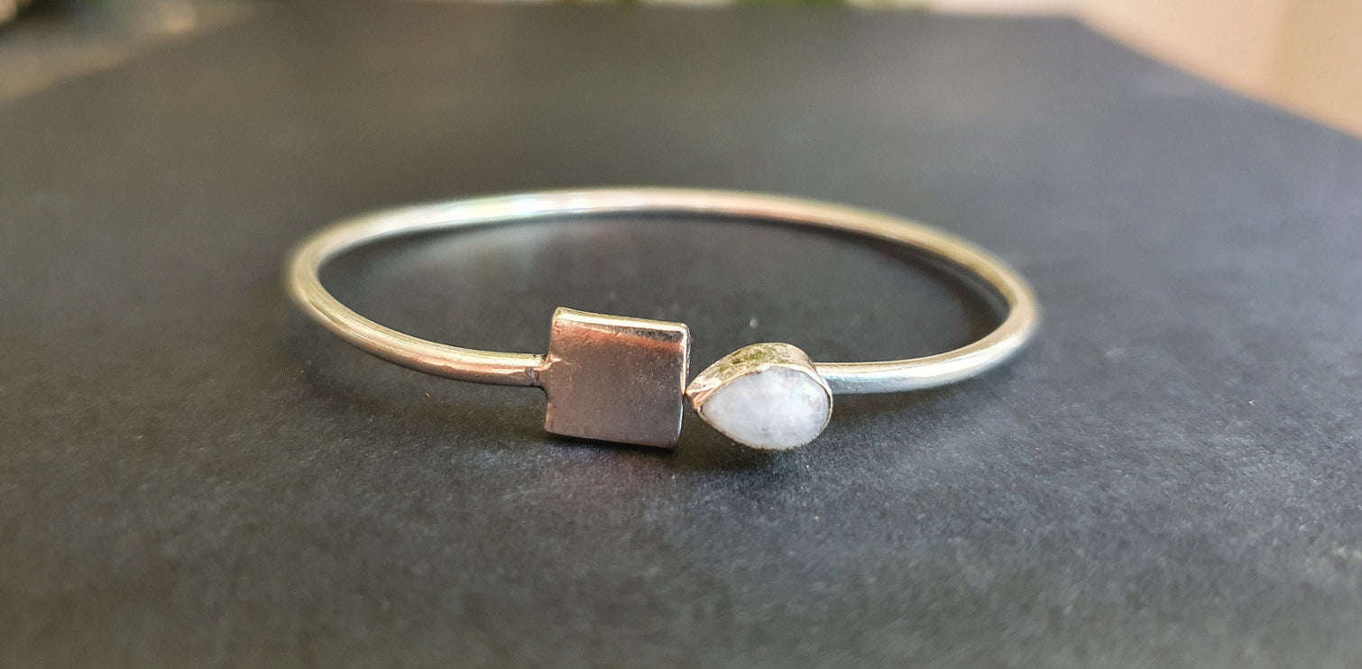 Contemporary Moonstone Silver Bracelet / Bangle / Brass / Minimalist / Ethnic / Rustic / Bohemian / Hippie / Gypsy / Psy / Body / Adjustable