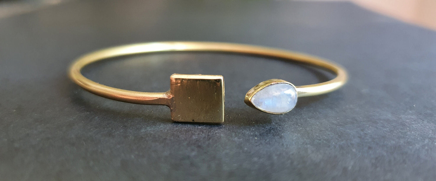 Contemporary Moonstone Golden Bracelet / Bangle / Brass / Minimalist / Ethnic / Rustic / Bohemian / Hippie / Gypsy / Psy / Body / Adjustable