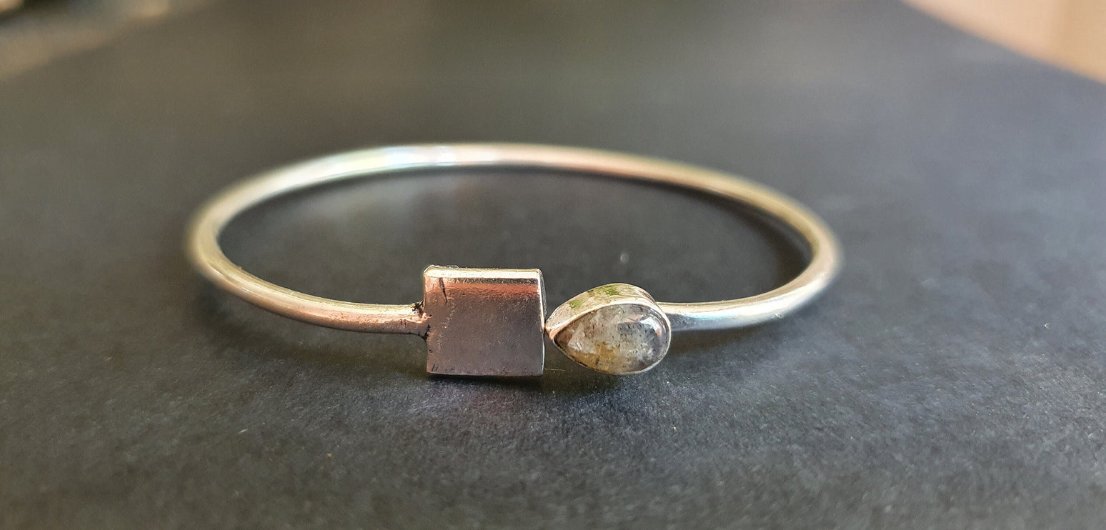 Contemporary Labradorite Silver Bracelet / Bangle / Brass / Minimalist / Ethnic / Rustic / Bohemian / Hippie / Gypsy / Body / Adjustable