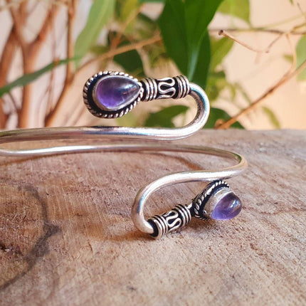 Amethyst Silver Spiral Boho Bracelet / Bangle / Arm Bracelet / Ethnic / Rustic / Bohemian / Hippie / Gypsy / Psy / Adjustable