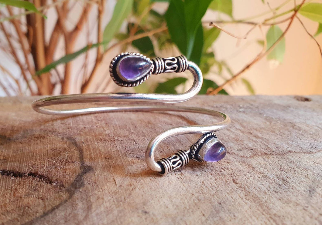 Amethyst Silver Spiral Boho Bracelet / Bangle / Arm Bracelet / Ethnic / Rustic / Bohemian / Hippie / Gypsy / Psy / Adjustable