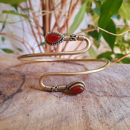 Spiral Boho Bracelet / Cornelian / Brass / Arm Bracelet / Red Stone /Ethnic / Rustic / Bohemian / Hippie / Gypsy / Adjustable