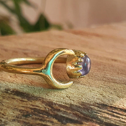 Golden Moon Ring / Amethyst / Zodiac / Purple / Boho / Ethnic / Rustic / Tribal / Gypsy / Festival / Healing / Festival