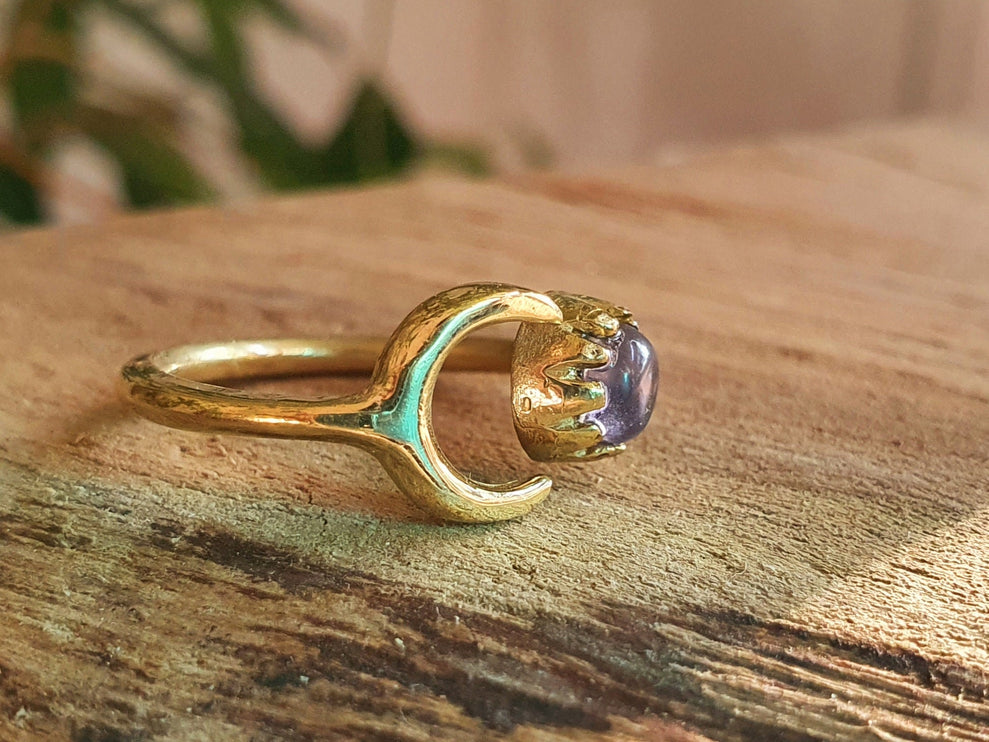 Golden Moon Ring / Amethyst / Zodiac / Purple / Boho / Ethnic / Rustic / Tribal / Gypsy / Festival / Healing / Festival