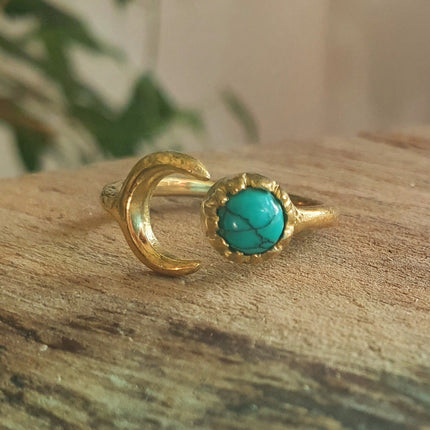 Golden Moon Ring / Turquoise / Zodiac / Celestial / Boho / Ethnic / Rustic / Tribal / Gypsy / Festival / Healing / Festival