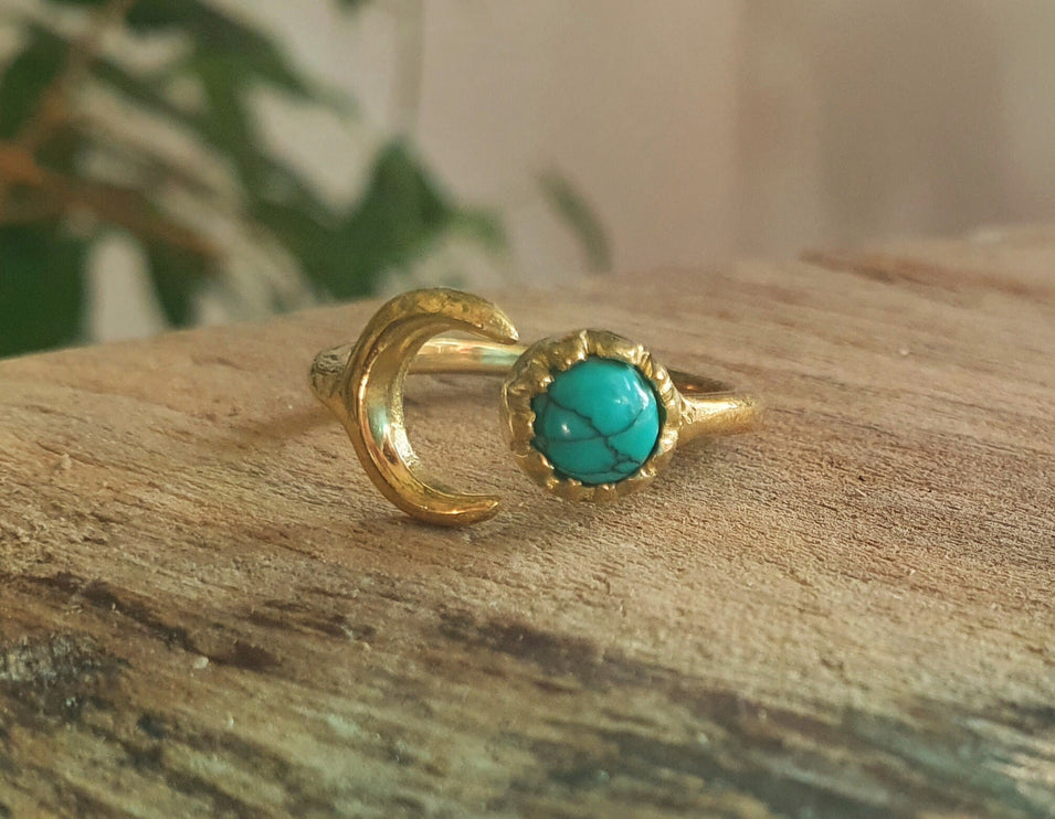 Golden Moon Ring / Turquoise / Zodiac / Celestial / Boho / Ethnic / Rustic / Tribal / Gypsy / Festival / Healing / Festival