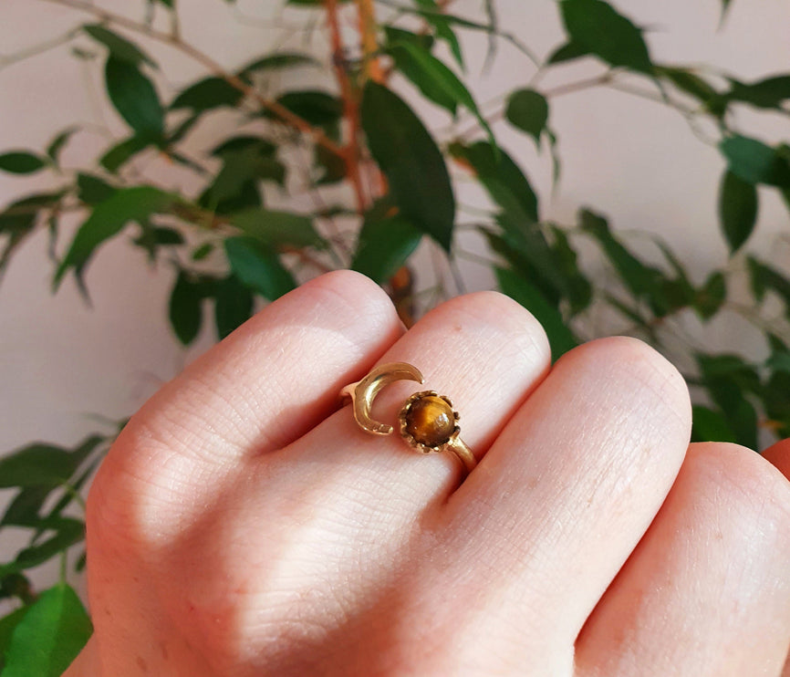 Golden Moon Ring / Tiger Eye / Zodiac / Celestial / Boho / Ethnic / Rustic / Tribal / Gypsy / Festival / Healing / Festival