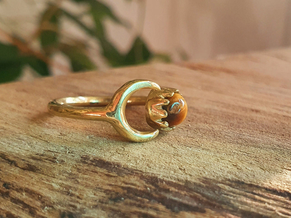 Golden Moon Ring / Tiger Eye / Zodiac / Celestial / Boho / Ethnic / Rustic / Tribal / Gypsy / Festival / Healing / Festival