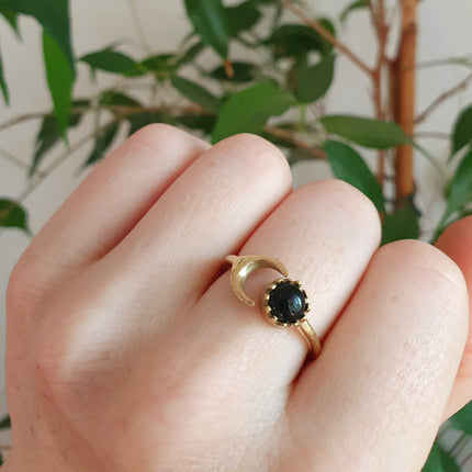 Golden Moon Ring / Black Onyx / Zodiac / Celestial / Boho / Ethnic / Rustic / Tribal / Gypsy / Festival / Healing / Festival 