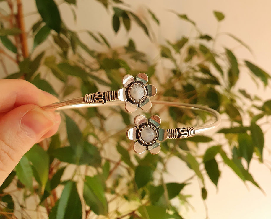 Daisy Flower Arm Bracelet Silver & Moonstone / Tribal / Spiral / Boho / Bangle/ Ethnic / Rustic / Bohemian / Hippie / Adjustable