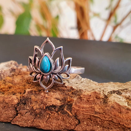 Silver Lotus Flower Ring / Turquoise / Boho / Ethnic / Rustic / Tribal / Gypsy / Festival / Indian / Healing / Festival