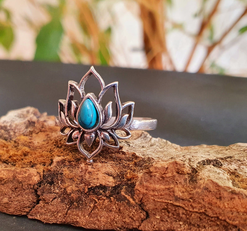 Silver Lotus Flower Ring / Turquoise / Boho / Ethnic / Rustic / Tribal / Gypsy / Festival / Indian / Healing / Festival