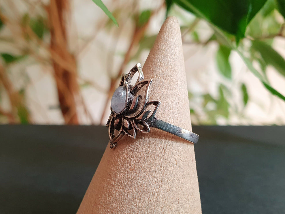 Silver Lotus Flower Ring / Moonstone / Boho / Ethnic / Rustic / Tribal / Gypsy / Festival / Indian / Healing / Festival