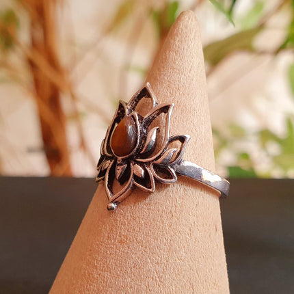 Silver Lotus Flower Ring / Tiger Eye / Boho / Ethnic / Rustic / Tribal / Gypsy / Festival / Indian / Healing / Festival