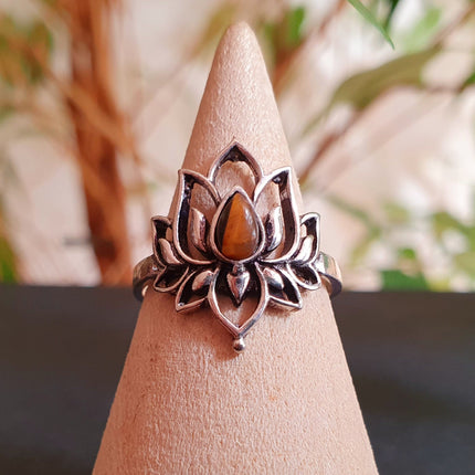 Silver Lotus Flower Ring / Tiger Eye / Boho / Ethnic / Rustic / Tribal / Gypsy / Festival / Indian / Healing / Festival