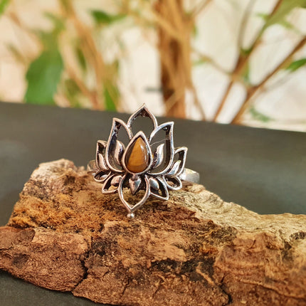 Silver Lotus Flower Ring / Tiger Eye / Boho / Ethnic / Rustic / Tribal / Gypsy / Festival / Indian / Healing / Festival