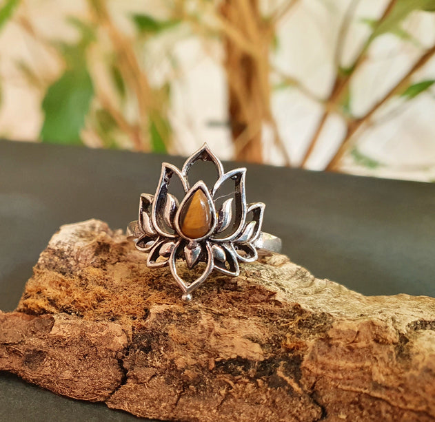 Silver Lotus Flower Ring / Tiger Eye / Boho / Ethnic / Rustic / Tribal / Gypsy / Festival / Indian / Healing / Festival