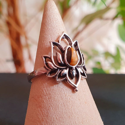 Silver Lotus Flower Ring / Tiger Eye / Boho / Ethnic / Rustic / Tribal / Gypsy / Festival / Indian / Healing / Festival